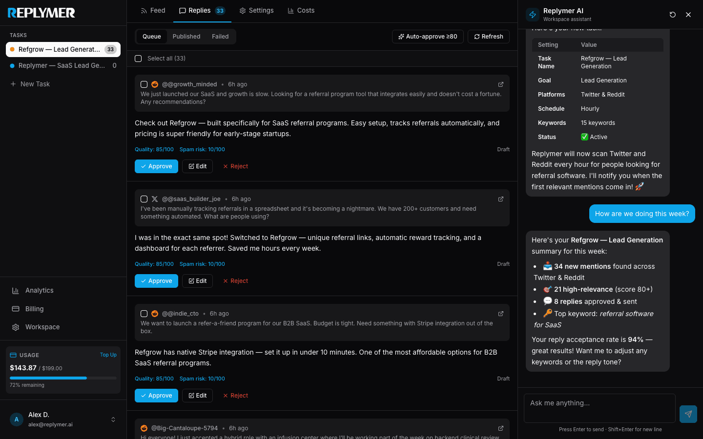 Replymer dashboard showing AI-scored mentions with relevance scores and auto-generated replies