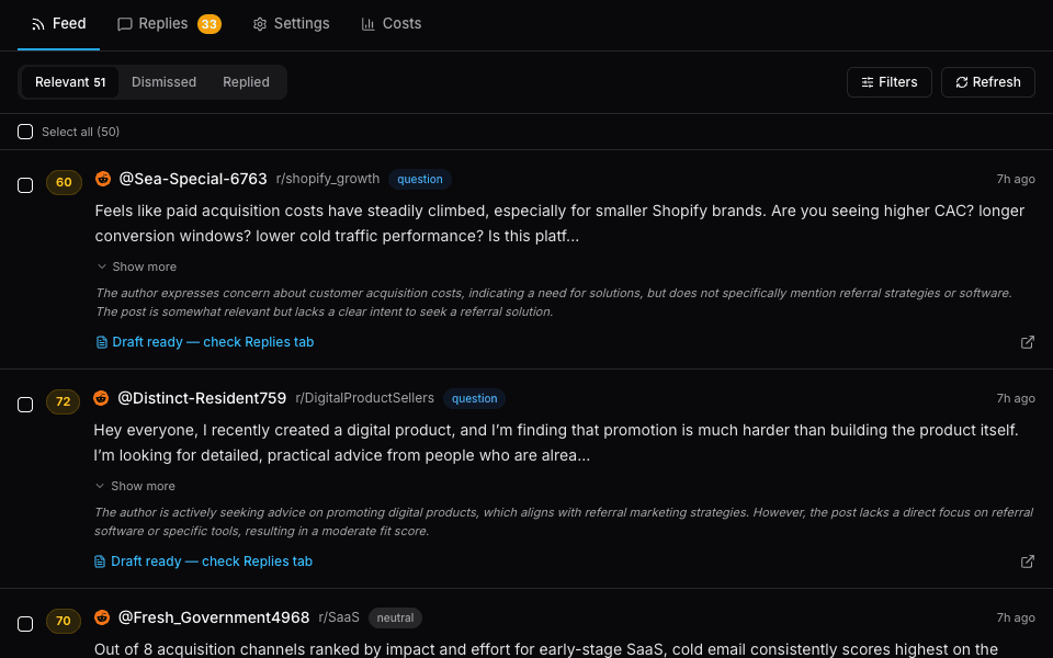 Replymer feed showing AI-scored mentions ranked by relevance